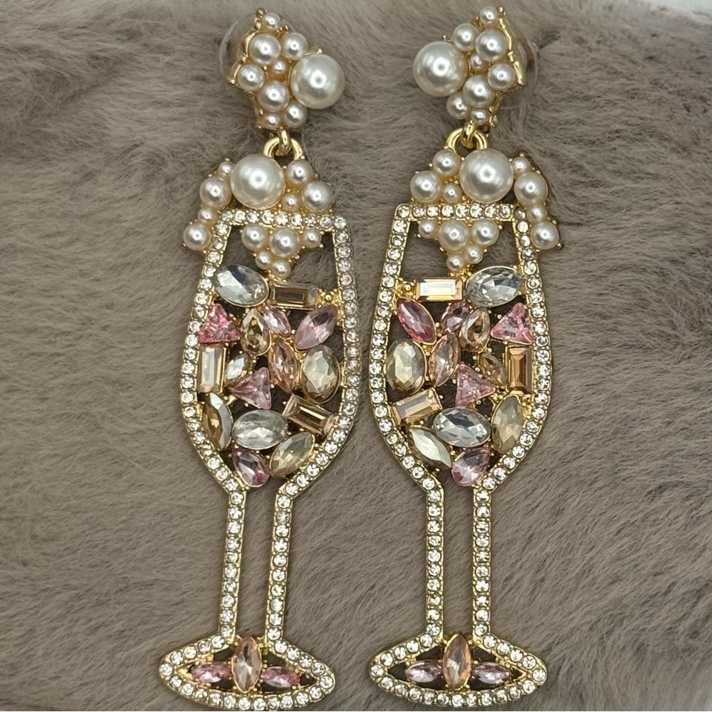 Champagne Glass Statement Earrings – Rhinestone & Pearl Cluster Design